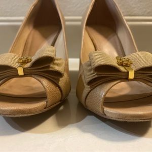 Tory Burch peep toe wedge with bow accent